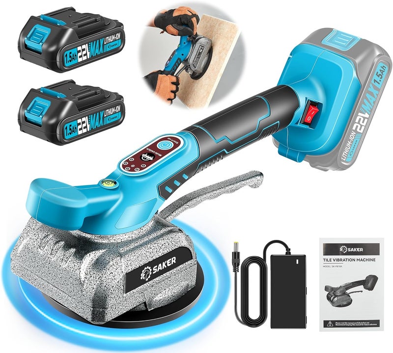 Saker Cordless Tile Vibration Tool with 2 x 22V Batteries,Portable Tile Suction Cup Tool with Digital Display,Handheld Tile Vibration Leveling Machine with 5 Adjust Speed,For Tile,Wood,Floor,Wall - Image 1